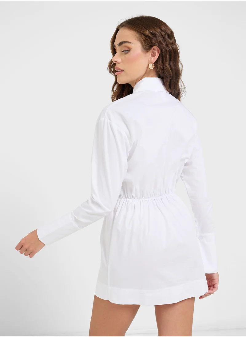 جينجر Clinched Waist Button Down Shirt Dress