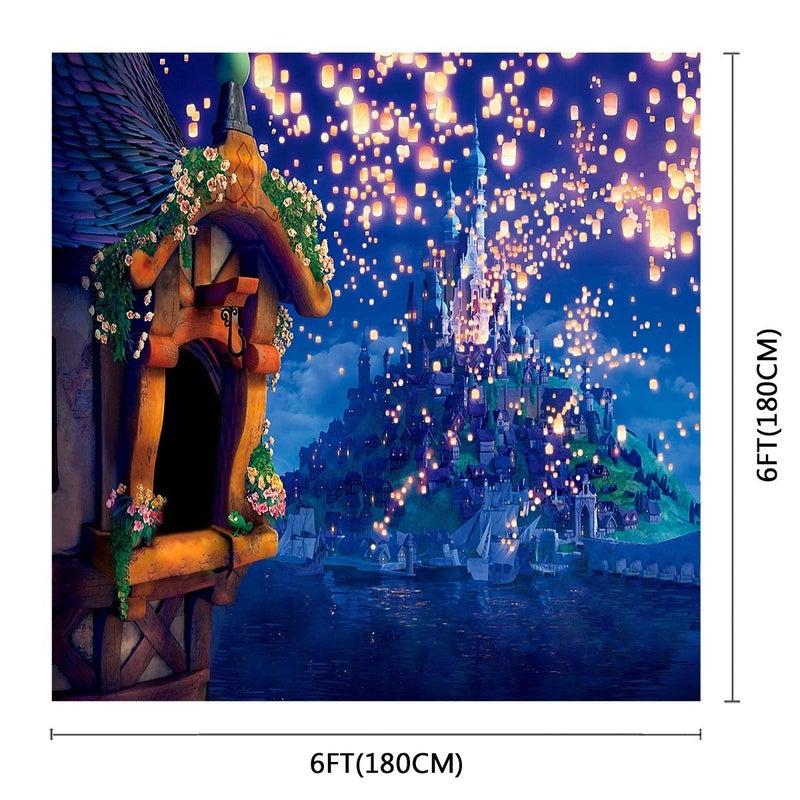 SSCSTS 6x6ft Fairytale Castle Backdrops High Tower Long Hair Princess Night Bright Lantern Glitter Light Island Castle Girl Birthday Shower Photography Background YouTube Photo Studio Prop LYST942 - Image 2