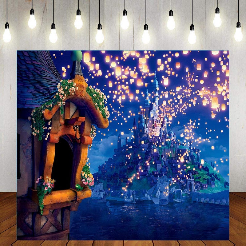 SSCSTS 6x6ft Fairytale Castle Backdrops High Tower Long Hair Princess Night Bright Lantern Glitter Light Island Castle Girl Birthday Shower Photography Background YouTube Photo Studio Prop LYST942 - Image 3