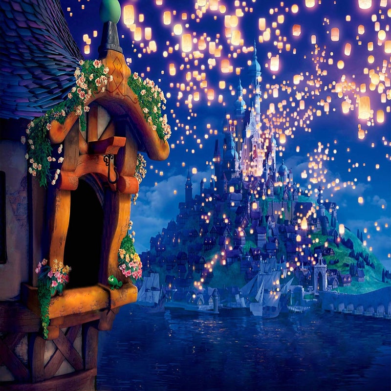 SSCSTS 6x6ft Fairytale Castle Backdrops High Tower Long Hair Princess Night Bright Lantern Glitter Light Island Castle Girl Birthday Shower Photography Background YouTube Photo Studio Prop LYST942 - Image 4