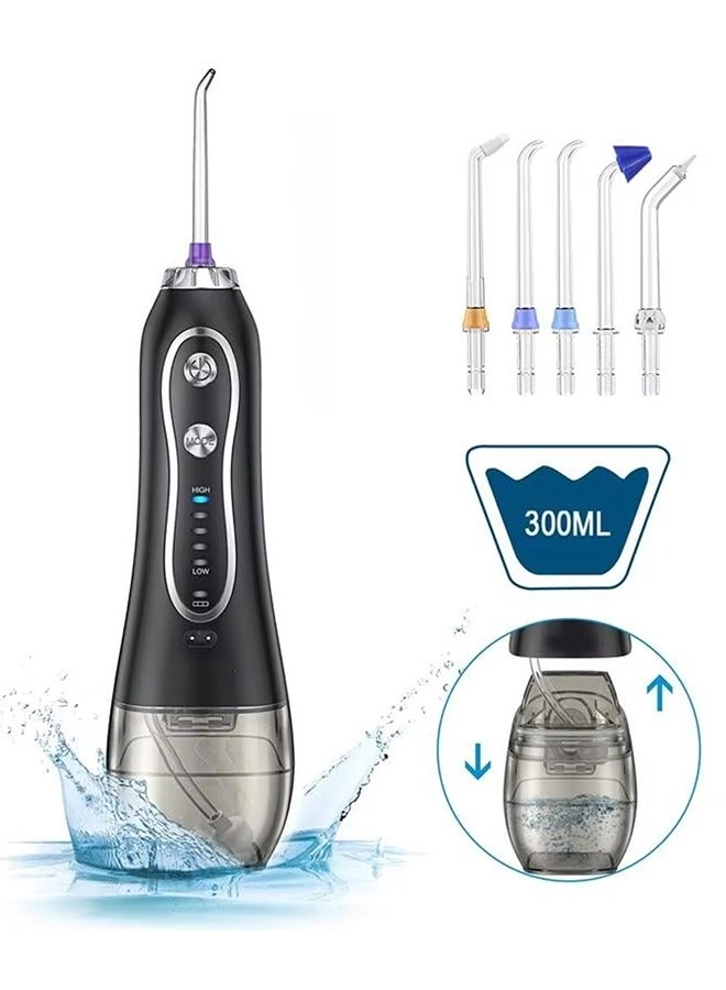 MARGOUN Water Flosser For Teeth Cordless 300Ml Portable Oral Irrigator Flosser 5 Cleaning Modes And 6 Jet Tips, Ipx7 Waterproof - Black - Image 1