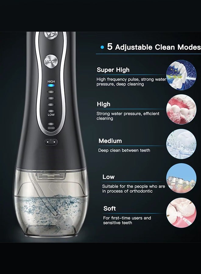 MARGOUN Water Flosser For Teeth Cordless 300Ml Portable Oral Irrigator Flosser 5 Cleaning Modes And 6 Jet Tips, Ipx7 Waterproof - Black - Image 3
