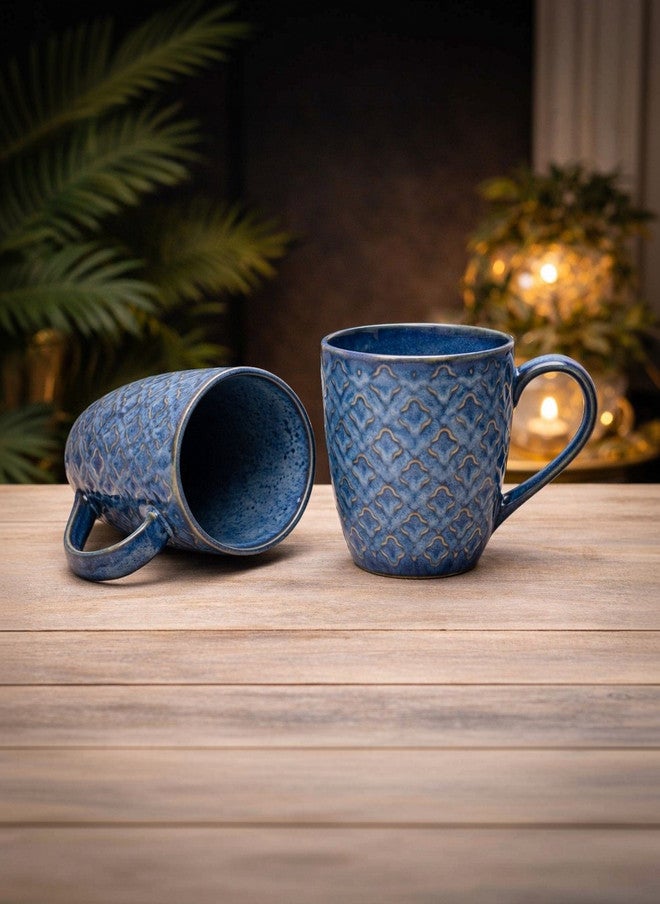 Arrabi Blue & Gold-Toned Ethnic Motifs Textured Ceramic Glossy Mugs Set of 2 - Image 2