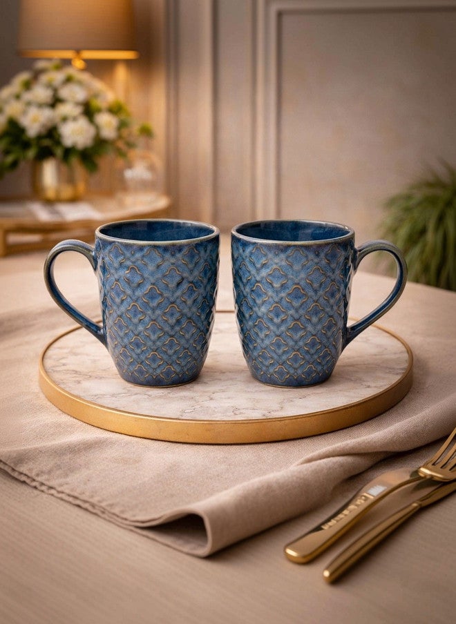 Arrabi Blue & Gold-Toned Ethnic Motifs Textured Ceramic Glossy Mugs Set of 2 - Image 1