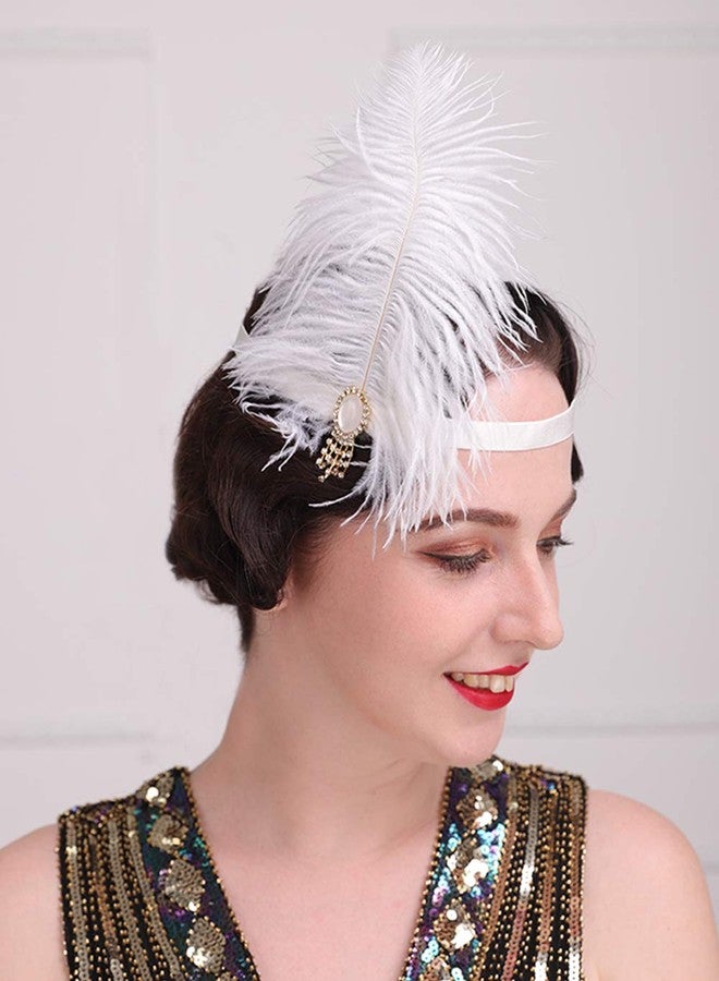 Aimimier 1920s Flapper Feather Headband White with Elastic Hair Band Costume Feather Headpiece Hair Accessories for Women - Image 1