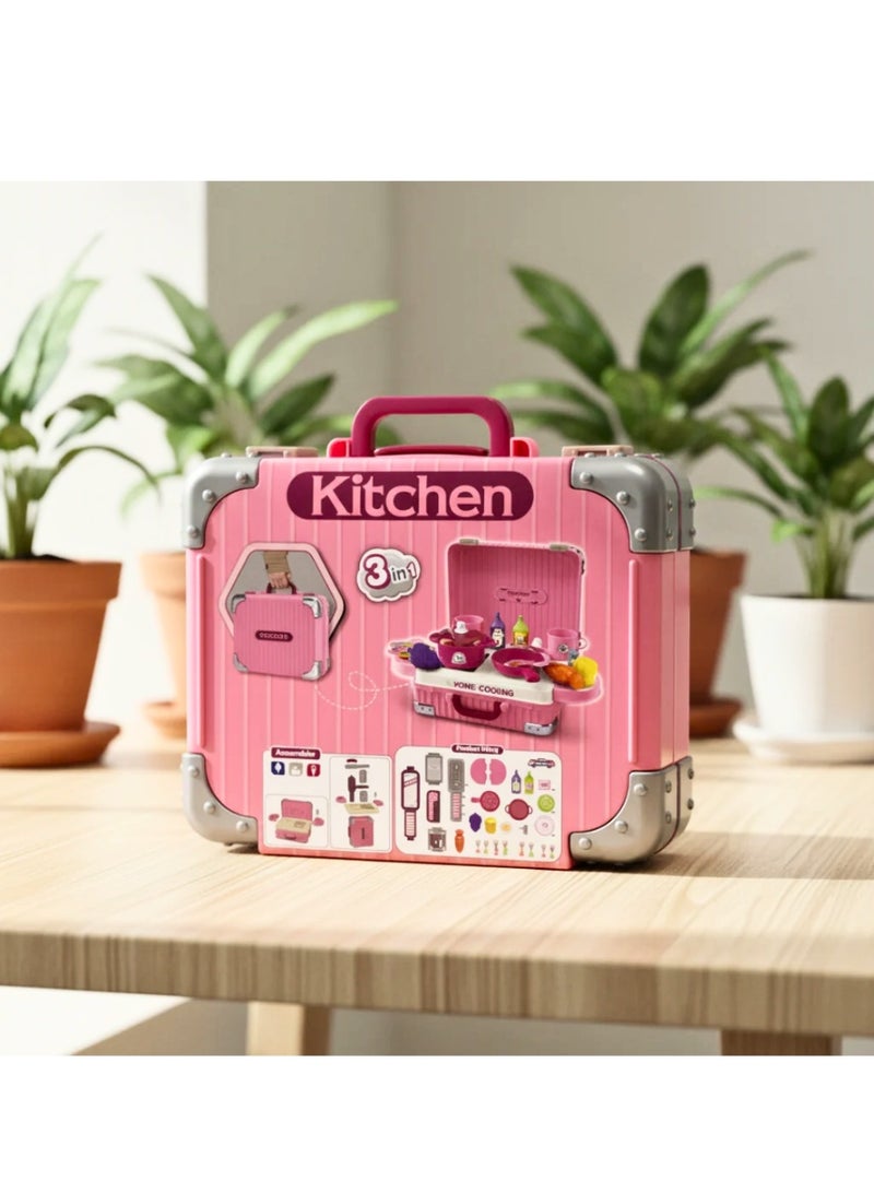 Portable Pink Cooking Suitcase Toy - Pretend Play Kitchen Set for Kids - Image 2