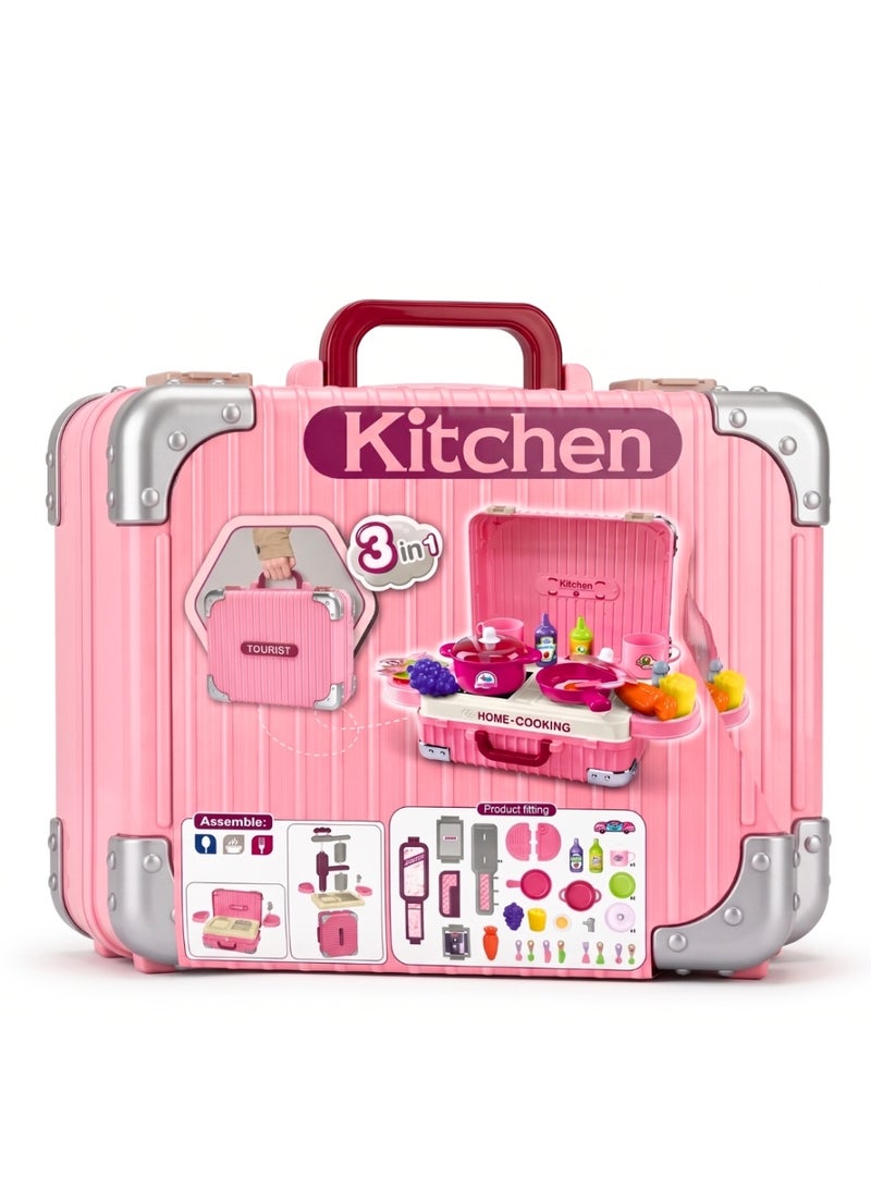 Portable Pink Cooking Suitcase Toy - Pretend Play Kitchen Set for Kids - Image 1