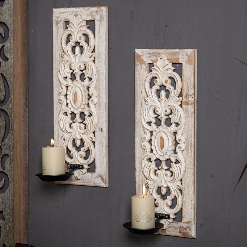 SOFE Openwork Carving Candle Sconces Set of Two Distressed Finish Wood Candle Holder Living Room Rustic Farmhouse Candle Wall Sconces Bedroom Hallway Wall Art Decoration
