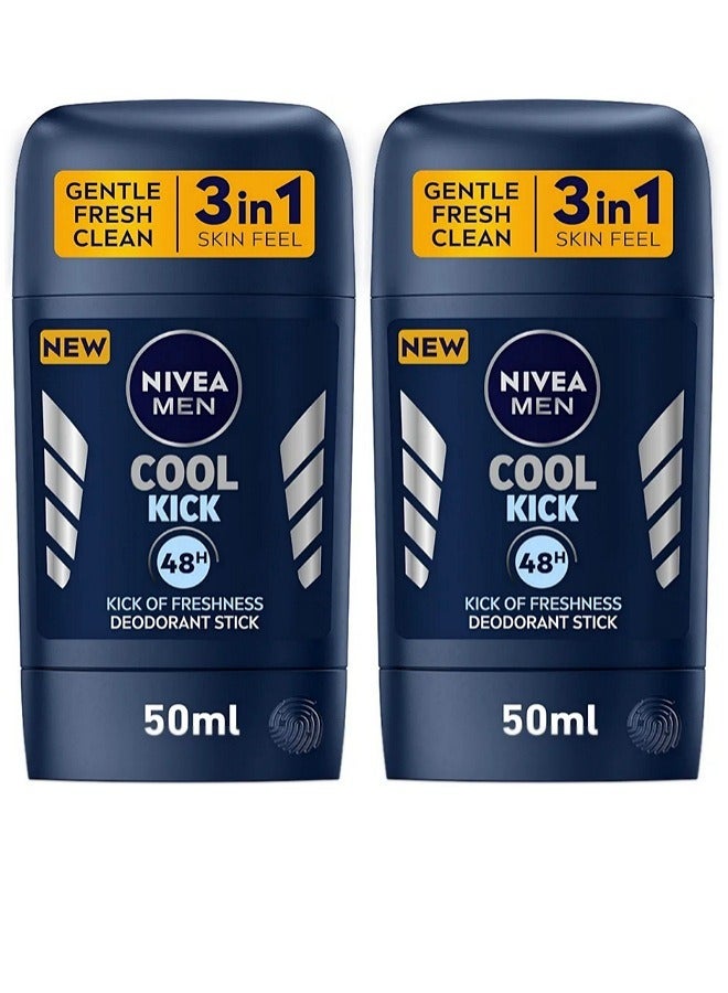 Nivea Men Deodorant Stick, Provides 48 Hour Protection, Fresh Coolkick Scent, 2 x 50 ml - Image 1