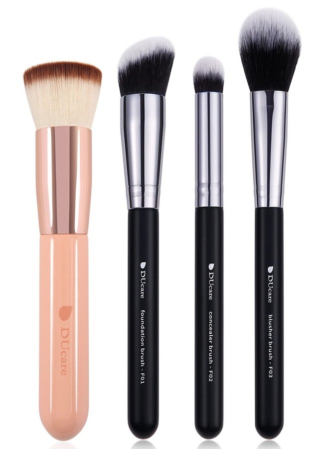 DUcare 4pcs Flat Top Foundation Brush, Foundation Brush& Concealer Brush& Blusher Brush Face Blush Bronzer Travel Buffing Stippling Contour - Image 1