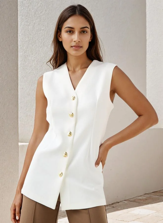 ايكونيك سترة بدون أكمام بياقة على شكل حرف  مع إغلاق بأزرار