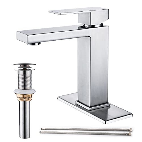 AVSIILE Brushed Nickel Bathroom Faucet, Single Hole Vanity Bath Faucet, Single Handle Modern Stainless Steel Bathroom Faucets for Sink 1 Hole with Pop Up Drain Stopper & Water Supply Hoses - Image 1