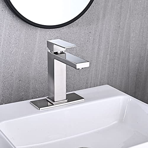 AVSIILE Brushed Nickel Bathroom Faucet, Single Hole Vanity Bath Faucet, Single Handle Modern Stainless Steel Bathroom Faucets for Sink 1 Hole with Pop Up Drain Stopper & Water Supply Hoses - Image 2