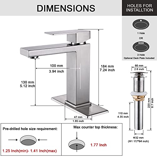 AVSIILE Brushed Nickel Bathroom Faucet, Single Hole Vanity Bath Faucet, Single Handle Modern Stainless Steel Bathroom Faucets for Sink 1 Hole with Pop Up Drain Stopper & Water Supply Hoses - Image 3