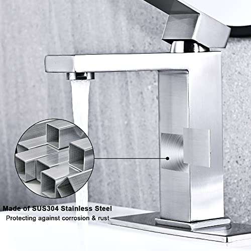 AVSIILE Brushed Nickel Bathroom Faucet, Single Hole Vanity Bath Faucet, Single Handle Modern Stainless Steel Bathroom Faucets for Sink 1 Hole with Pop Up Drain Stopper & Water Supply Hoses - Image 5