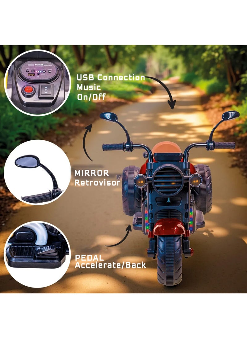 ال بي دراجة نارية كهربائية للأطفال | مشغل MP3 مزود بمنفذي USB وAUX، وإضاءة خلفية للوحة القيادة، وبطارية قابلة لإعادة الشحن، ومصابيح LED، وتصميم أمان ثلاثي العجلات - Image 5