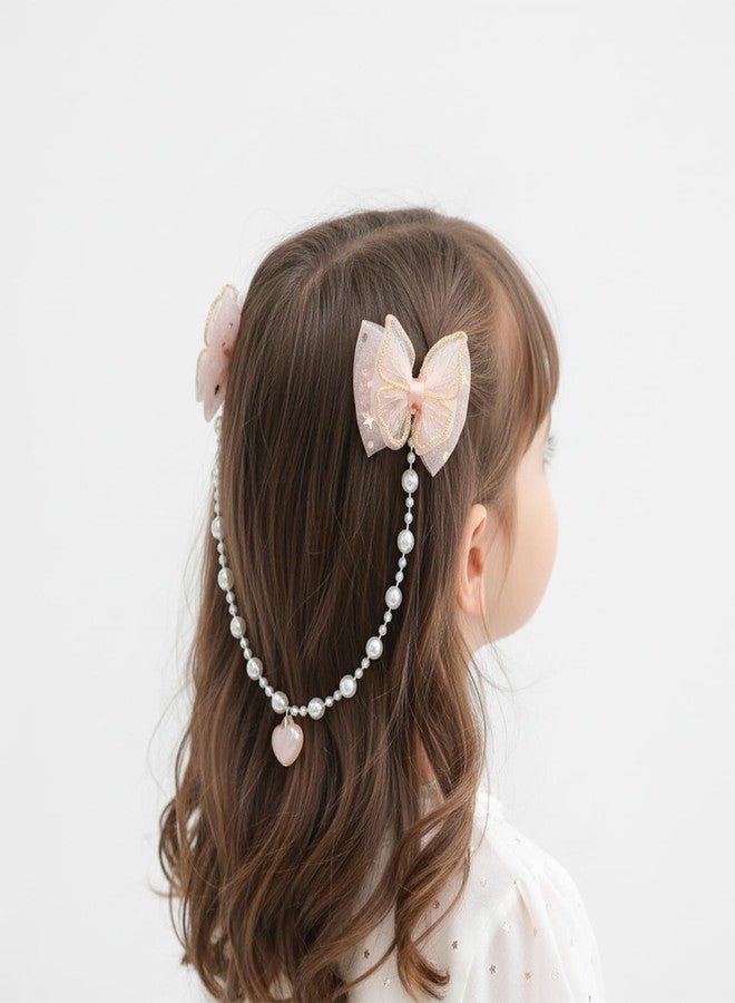 KARP Girls Hair Clips with Tulle Flower Bows and Beaded Chain - 2Pcs Cute Hair Accessories with Heart Charms - Princess Style Hairpins for Kids and Toddlers (Hair Pin (K2524)-Style-2) - Image 2
