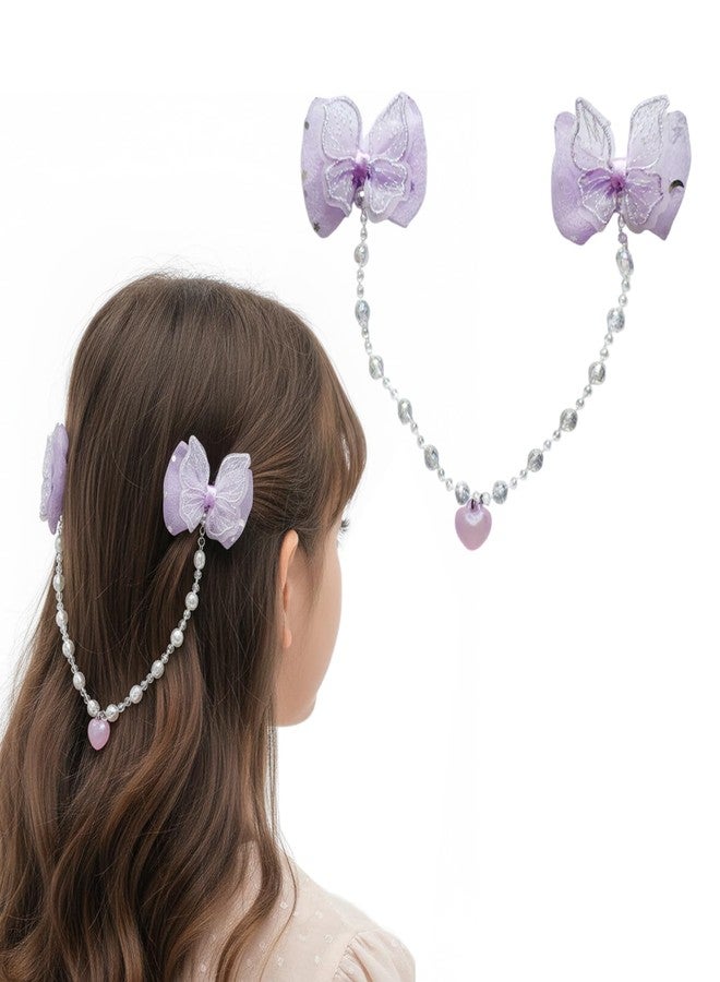 KARP Girls Hair Clips with Tulle Flower Bows and Beaded Chain - 2Pcs Cute Hair Accessories with Heart Charms - Princess Style Hairpins for Kids and Toddlers (Hair Pin (K2524)-Style-2) - Image 1