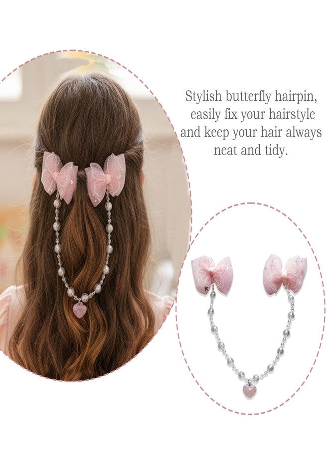KARP Girls Hair Clips with Tulle Flower Bows and Beaded Chain - 2Pcs Cute Hair Accessories with Heart Charms - Princess Style Hairpins for Kids and Toddlers (Hair Pin (K2524)-Style-2) - Image 3
