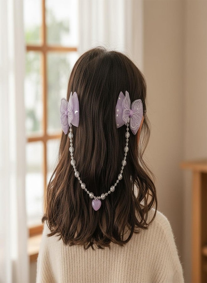 KARP Girls Hair Clips with Tulle Flower Bows and Beaded Chain - 2Pcs Cute Hair Accessories with Heart Charms - Princess Style Hairpins for Kids and Toddlers (Hair Pin (K2524)-Style-2) - Image 4