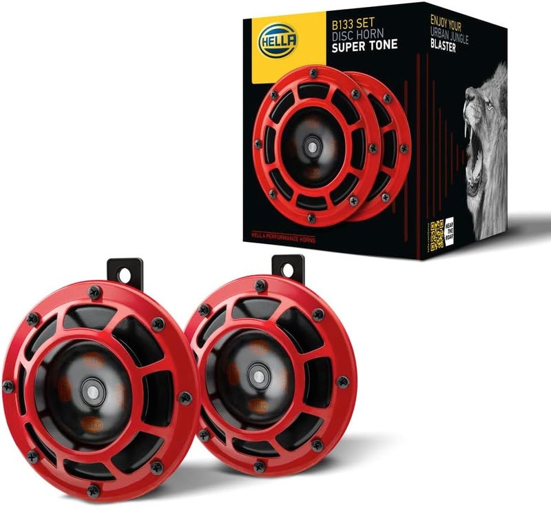 HELLA 003399801 Supertone 12V High Tone/Low Tone Twin Horn Kit with Red Protective Grill, 2 Horns Wide range compatible material - Image 1
