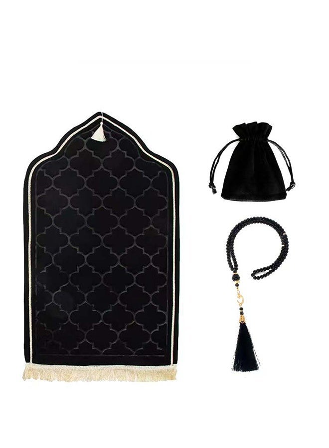 Luxury Prayer Mat Set (3-Piece) - Soft Coral Fleece Sponge Sajadah with Prayer Beads & Matching Beads Pouch - Anti-Slip Embossed Janamaz Carpet for Home, Travel & Ramadan Gift (65x110cm) - Image 1
