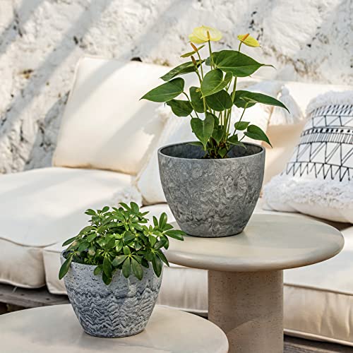 LA JOLIE MUSE Flower Pots Outdoor Garden Planters, Indoor Plant Pots with Drainage Holes, Plastic, Marble Pattern Grey, Set 2 (8.6 + 7.5 Inch) - Image 2