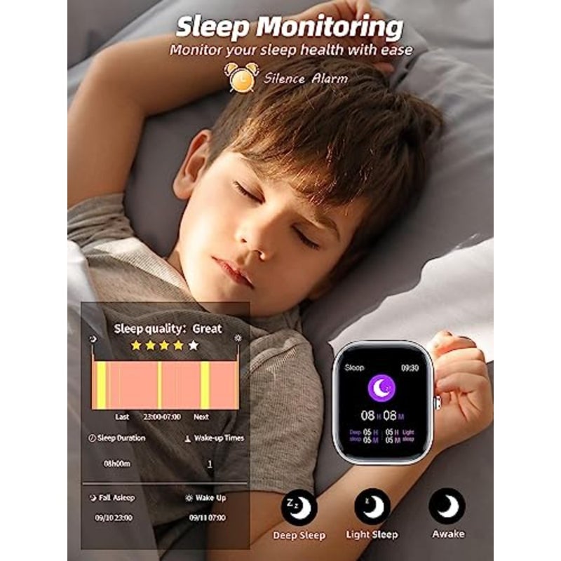 smart watch for outdoor play and daily activity tracking, silicone band with black finish, IP68 waterproof design with heart rate and sleep monitoring, 8 sport modes, pedometer, calorie counter, alarm clock - Image 5