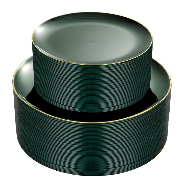 PULOTE 100PCS Green Plastic Plates - Green Disposable Plates With Gold Rim - Include 50 Pieces Dinner 10.25inch 50 Pieces Dessert 7.5inch for Party&Christmas - Image 1