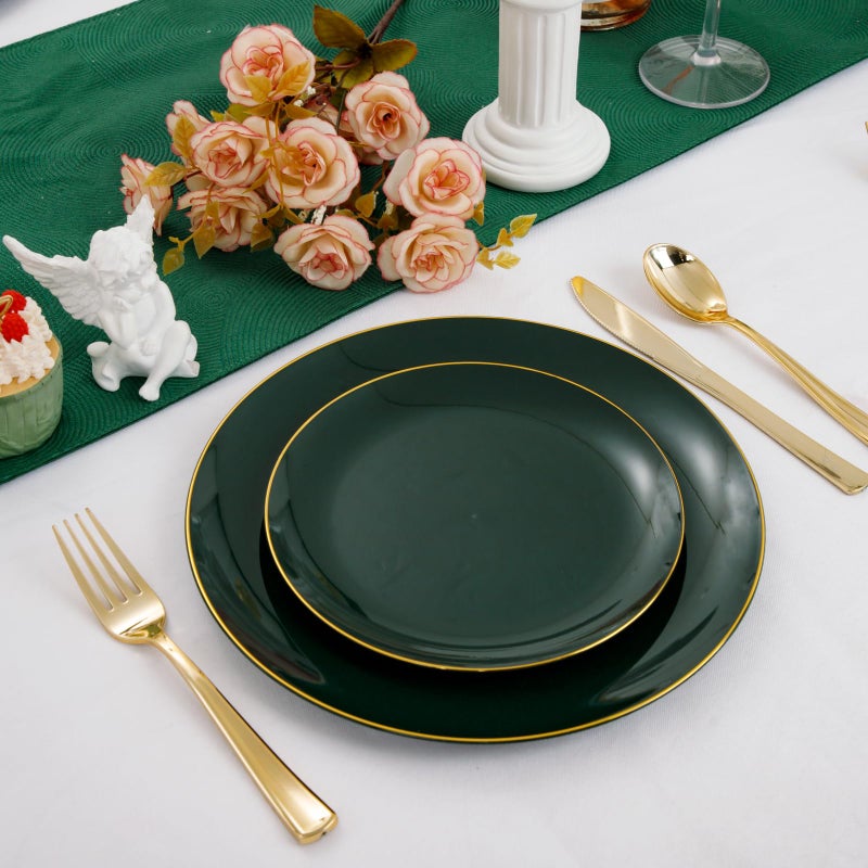 PULOTE 100PCS Green Plastic Plates - Green Disposable Plates With Gold Rim - Include 50 Pieces Dinner 10.25inch 50 Pieces Dessert 7.5inch for Party&Christmas - Image 4