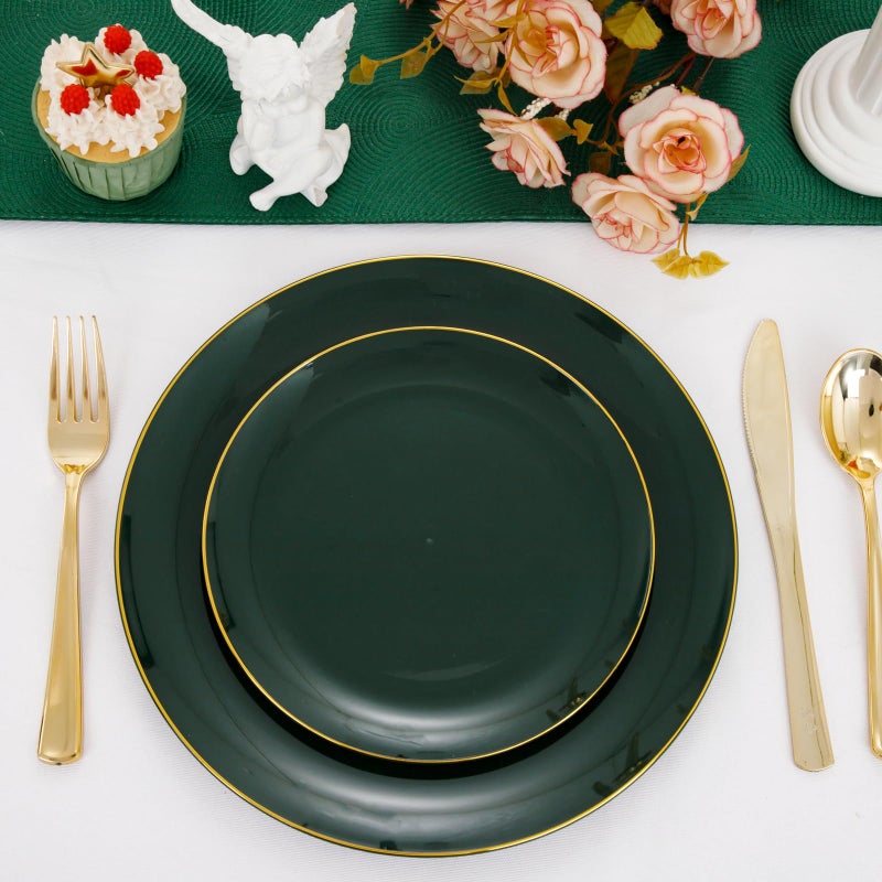 PULOTE 100PCS Green Plastic Plates - Green Disposable Plates With Gold Rim - Include 50 Pieces Dinner 10.25inch 50 Pieces Dessert 7.5inch for Party&Christmas - Image 3