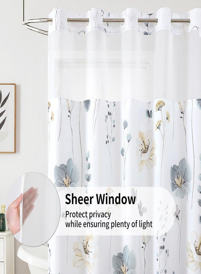QiyI Flower Shower Curtain with Snap in Fabric Liner, Grey Watercolor Floral Cloth Bath Curtains, No Hook Shower Curtains with Mesh Top Window, Fabric Waterproof Bathroom Curtain Set, 72 x 75 Inch - Image 2