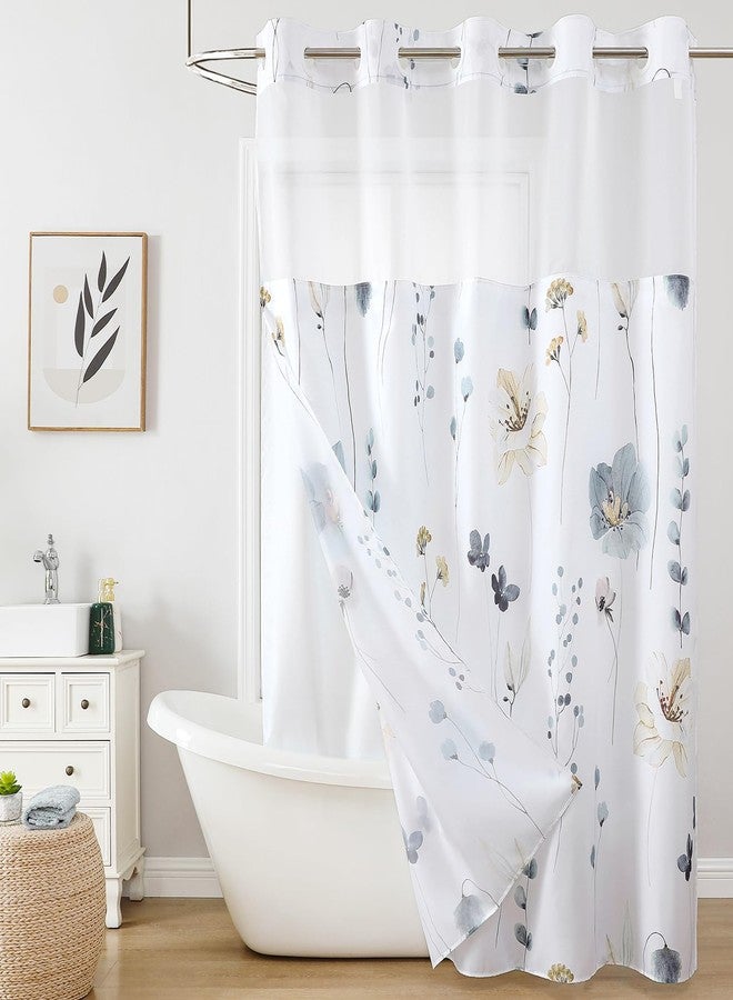 QiyI Flower Shower Curtain with Snap in Fabric Liner, Grey Watercolor Floral Cloth Bath Curtains, No Hook Shower Curtains with Mesh Top Window, Fabric Waterproof Bathroom Curtain Set, 72 x 75 Inch - Image 1