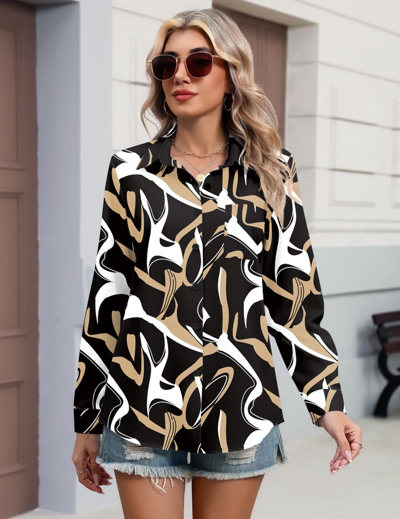 HOTOUCH Womens Long Sleeve Shirts Printed Button Down Blouses Dressy Tops Casual Work Wear Business Office Clothes M - Image 5