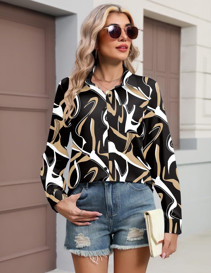 HOTOUCH Womens Long Sleeve Shirts Printed Button Down Blouses Dressy Tops Casual Work Wear Business Office Clothes M - Image 4