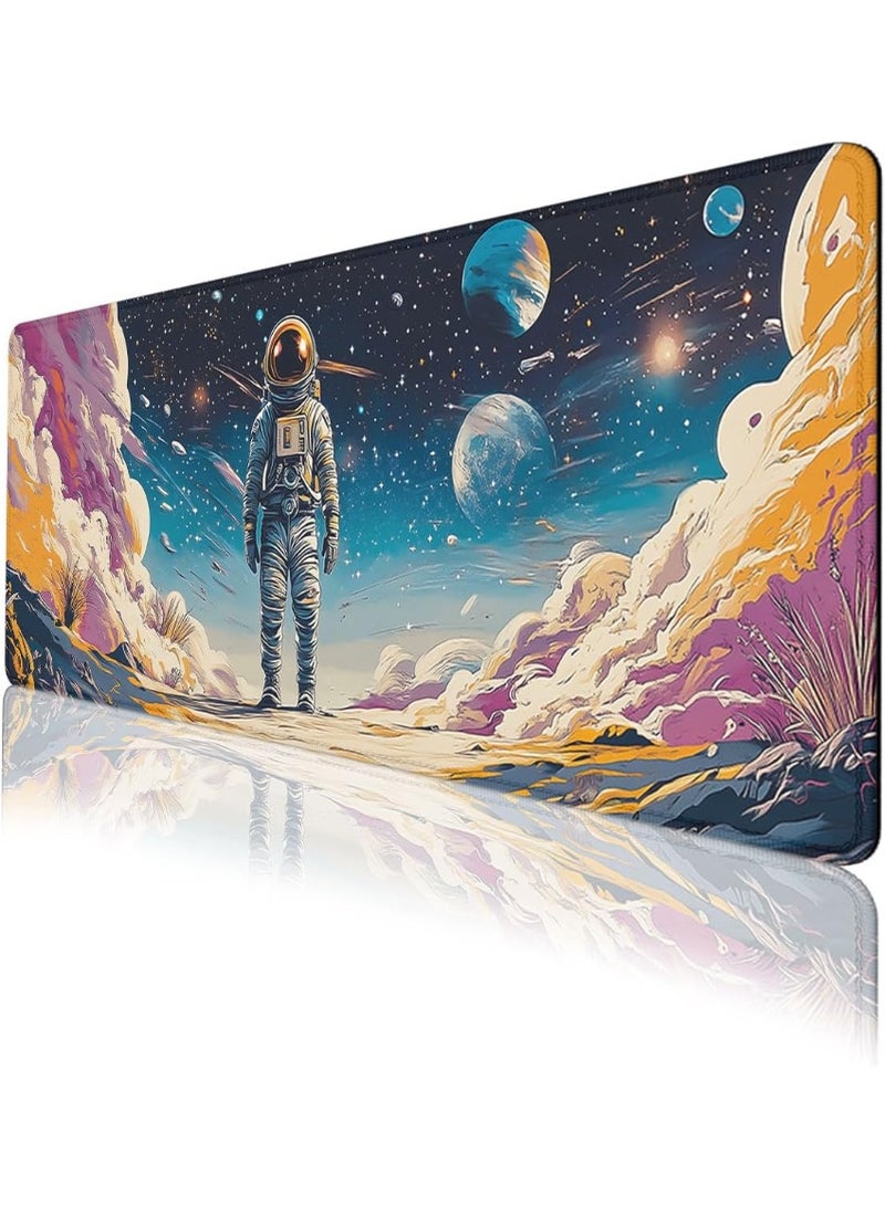 Astronaut Desk Pad Mouse Pad Psychedelic Space Fantasy Planet Extended Gaming Mouse Pad Mat with Stitched Edge Non-Slip Base Big Mouse Pad Office Home Decor for Women Girl 70 x 30 cm x 2mm with Stitched Edges Non-Slip, Large Keyboard Mat for Desktop Computer Laptop Work Home Cute Office Desk Accessories - Image 1