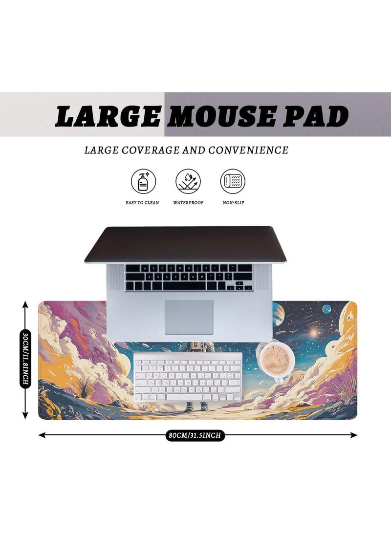 Astronaut Desk Pad Mouse Pad Psychedelic Space Fantasy Planet Extended Gaming Mouse Pad Mat with Stitched Edge Non-Slip Base Big Mouse Pad Office Home Decor for Women Girl 70 x 30 cm x 2mm with Stitched Edges Non-Slip, Large Keyboard Mat for Desktop Computer Laptop Work Home Cute Office Desk Accessories - Image 2