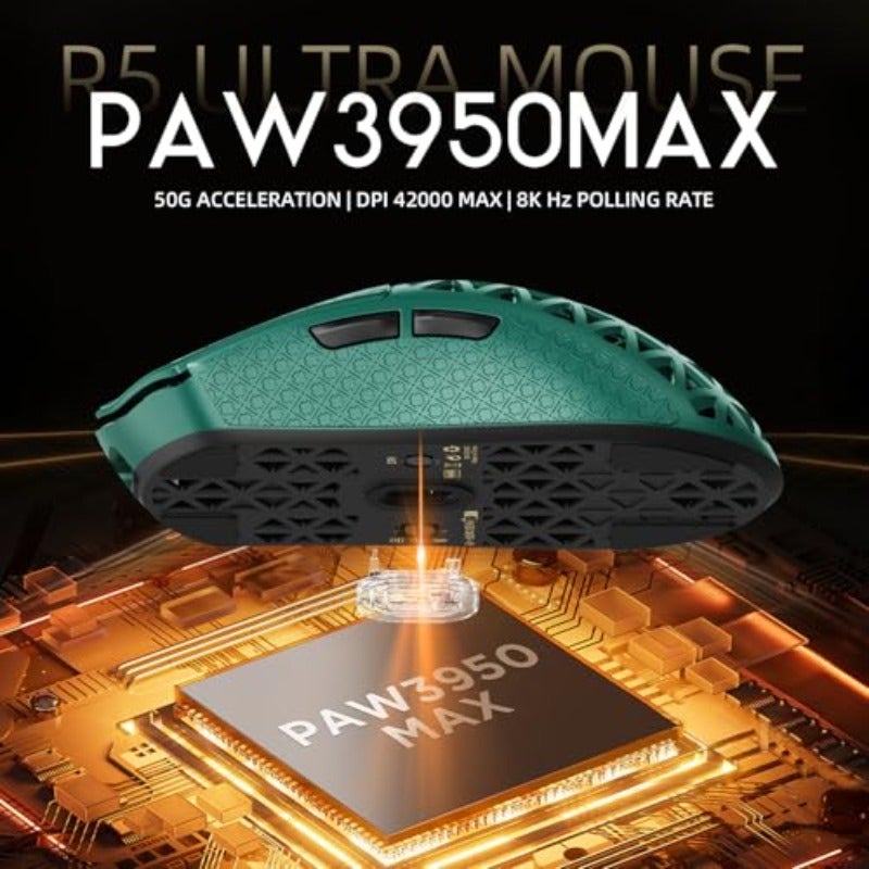 ATTACK SHARK R5 Ultra Wireless Gaming MouseCarbon Fiber Shell 39g Superlight PAW3950MAX Nordic 52840 MCU 8K Polling 42K DPI Optical Sensor BT 2.4G USB-C Wired Mice with Coiled Cable-GreenGriptape - Image 3