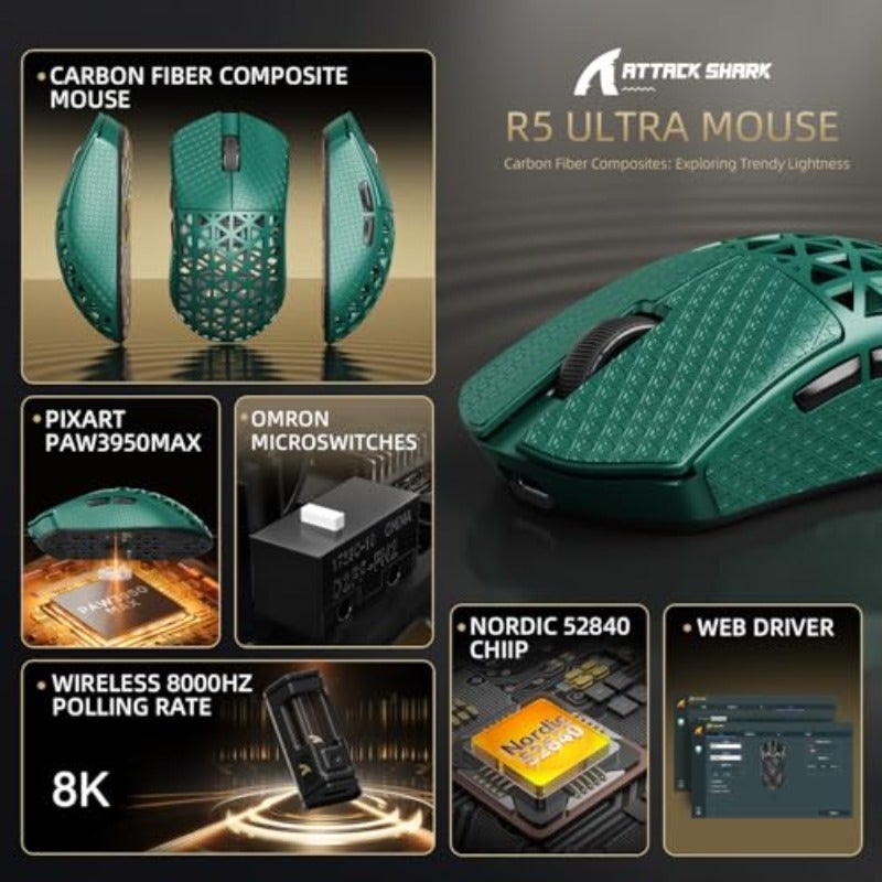 ATTACK SHARK R5 Ultra Wireless Gaming MouseCarbon Fiber Shell 39g Superlight PAW3950MAX Nordic 52840 MCU 8K Polling 42K DPI Optical Sensor BT 2.4G USB-C Wired Mice with Coiled Cable-GreenGriptape - Image 2
