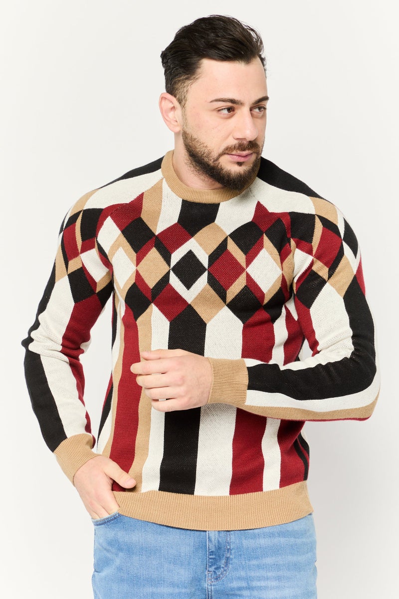 PERRY ELLIS Men Crew Neck Geometric Long Sleeves Sweatshirt, Maroon  - Image 1