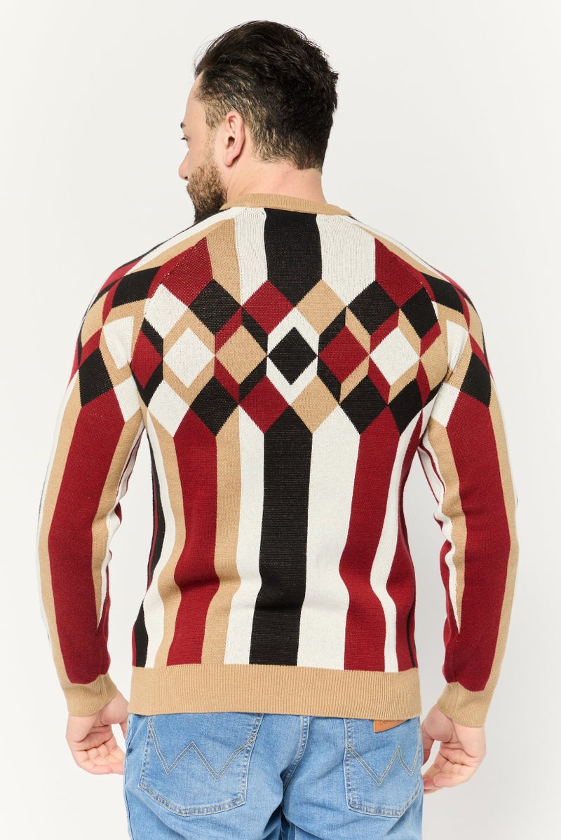 PERRY ELLIS سويت شيرت رجالي بأكمام طويلة وياقة دائرية هندسية، مارون - Image 4