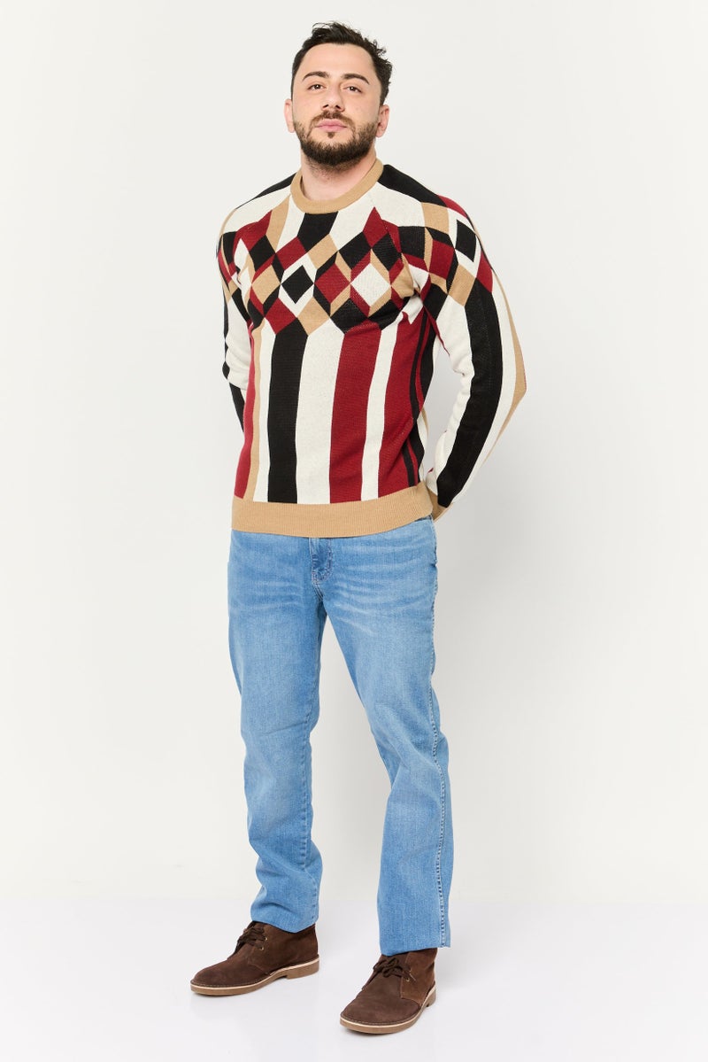 PERRY ELLIS سويت شيرت رجالي بأكمام طويلة وياقة دائرية هندسية، مارون - Image 2