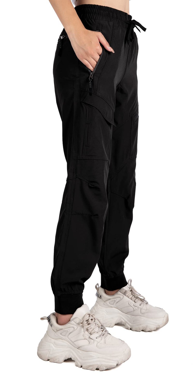 Singbring Women's Athletic Hiking Cargo Joggers Pants Outdoor Workout Lightweight Quick Dry UPF 50 Zipper Pockets (Black88-XL) - Image 3