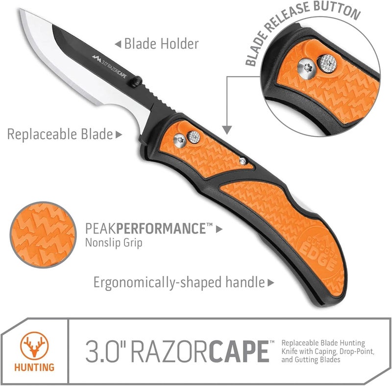 Outdoor Edge 3" RazorCape Pocket Knife with Replaceable Blades and Clip. The Perfect Folding Compact Hunting Knife for Caping & Skinning Deer. (Orange) - Image 2