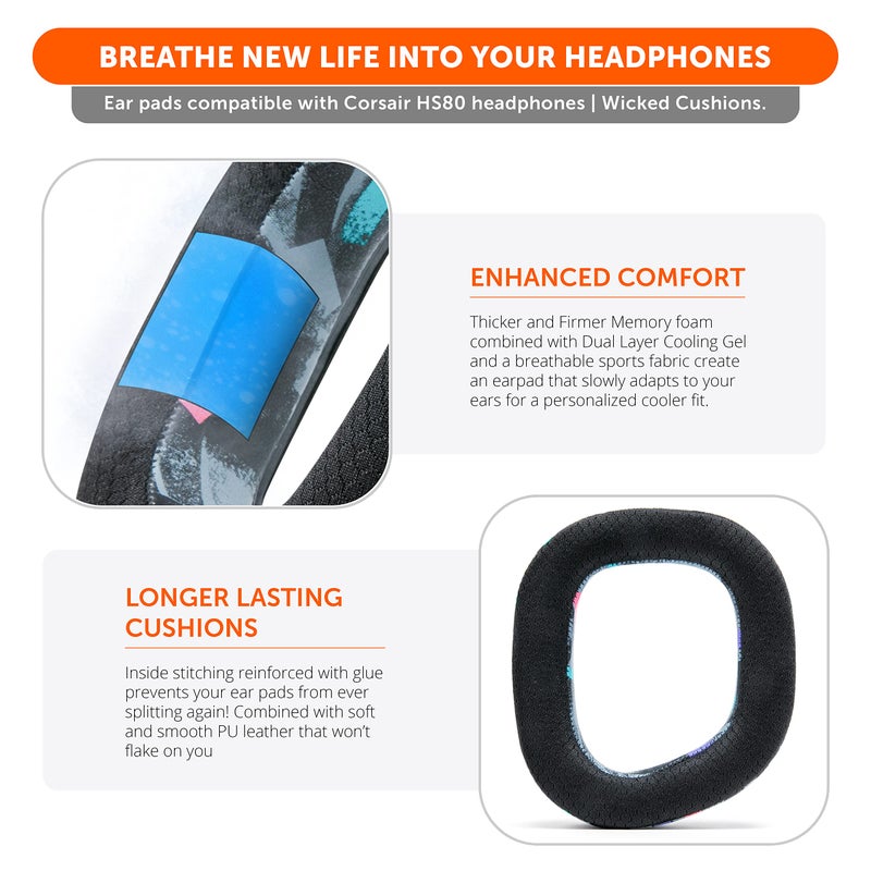 WC Freeze HS80 - Cooling Gel Earpads for Corsair HS80 RGB Wireless, Wired, & HS80 Max by Wicked Cushions - Elevate Comfort, Thickness & Sound Isolation for Epic Gaming Sessions | 90's Black - Image 4