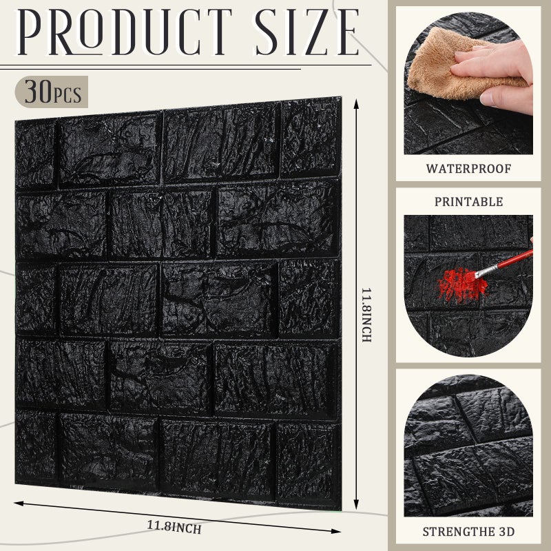 Tinlade 30 Pcs 28.81 Sq ft 3D Wall Panels Peel and Stick Foam Brick Wallpaper Printable Faux Brick Wall Panels Decorative Self Adhesive Tiles Waterproof(Black) - Image 2