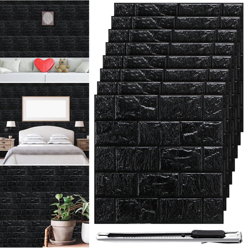 Tinlade 30 Pcs 28.81 Sq ft 3D Wall Panels Peel and Stick Foam Brick Wallpaper Printable Faux Brick Wall Panels Decorative Self Adhesive Tiles Waterproof(Black) - Image 1