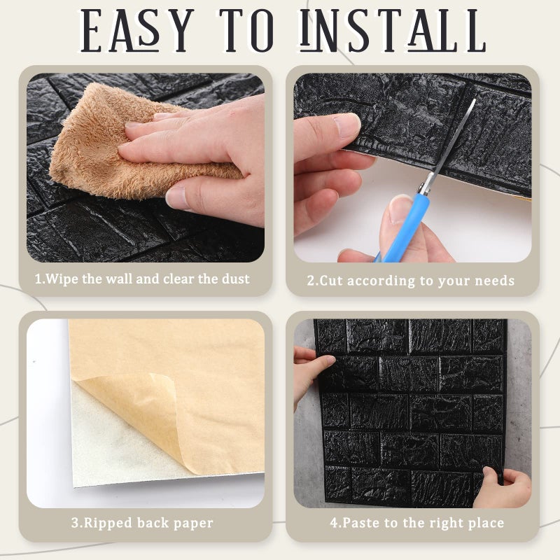 Tinlade 30 Pcs 28.81 Sq ft 3D Wall Panels Peel and Stick Foam Brick Wallpaper Printable Faux Brick Wall Panels Decorative Self Adhesive Tiles Waterproof(Black) - Image 5
