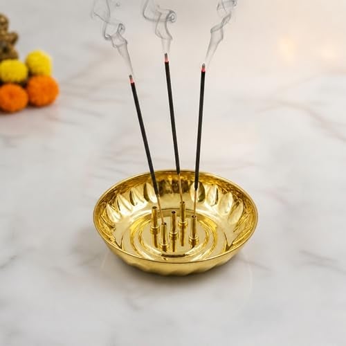 Spillbox Brass Incense Stick Holder Stand|Burner with Ash Catcher Agarbatti|Batti Stand|Plate|Dhup|Dhoop Best for Puja|puja samagri Stand|Pooja Mandir Home & Office Decoration – Bowl - Image 1