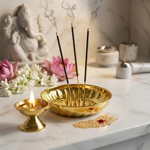 Spillbox Brass Incense Stick Holder Stand|Burner with Ash Catcher Agarbatti|Batti Stand|Plate|Dhup|Dhoop Best for Puja|puja samagri Stand|Pooja Mandir Home & Office Decoration – Bowl - Image 4